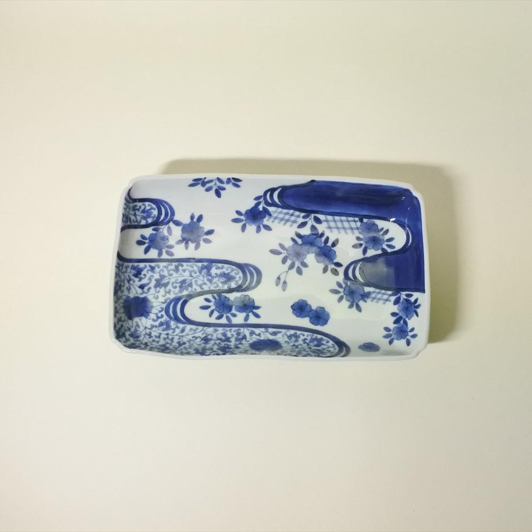 江戸中期　古伊万里　染付　流水紋　長皿　骨董品　アンティーク