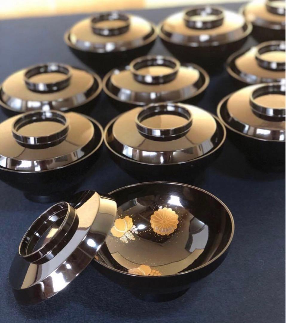 《レ》黒塗 菊桐蒔絵 煮物椀10客 雑煮椀 木製漆器 木箱251113え1