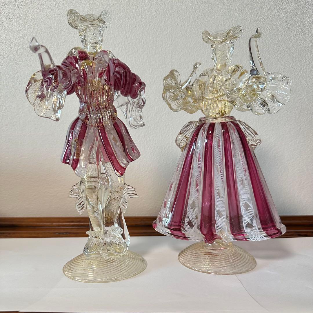 ☆ムラーノ☆ベネチアングラス☆バラリンレース／金彩☆大型 フィギュリン☆2体☆