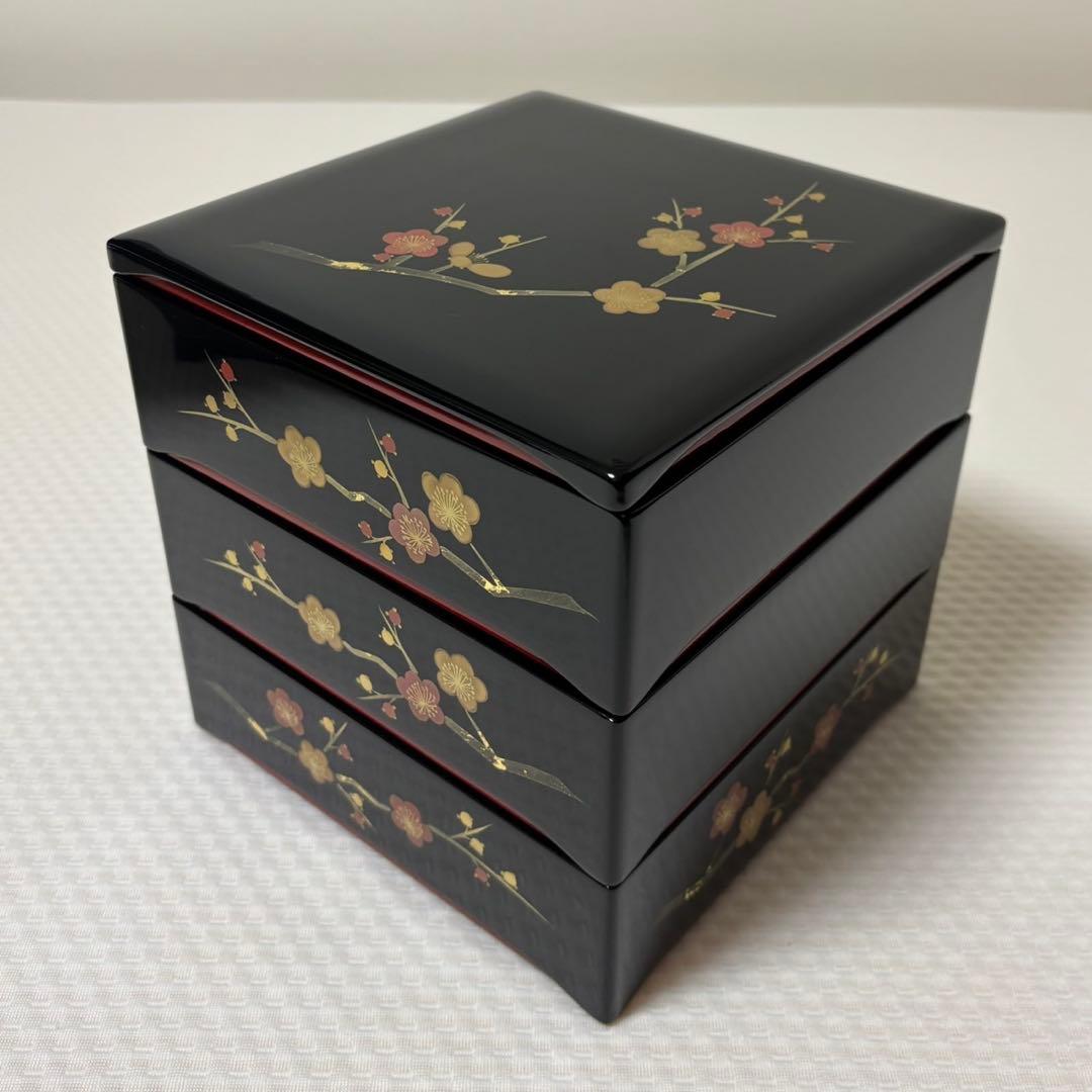 木製漆器　3段重箱　焼金　蒔絵　枝梅　6.5寸　会津ぬ里