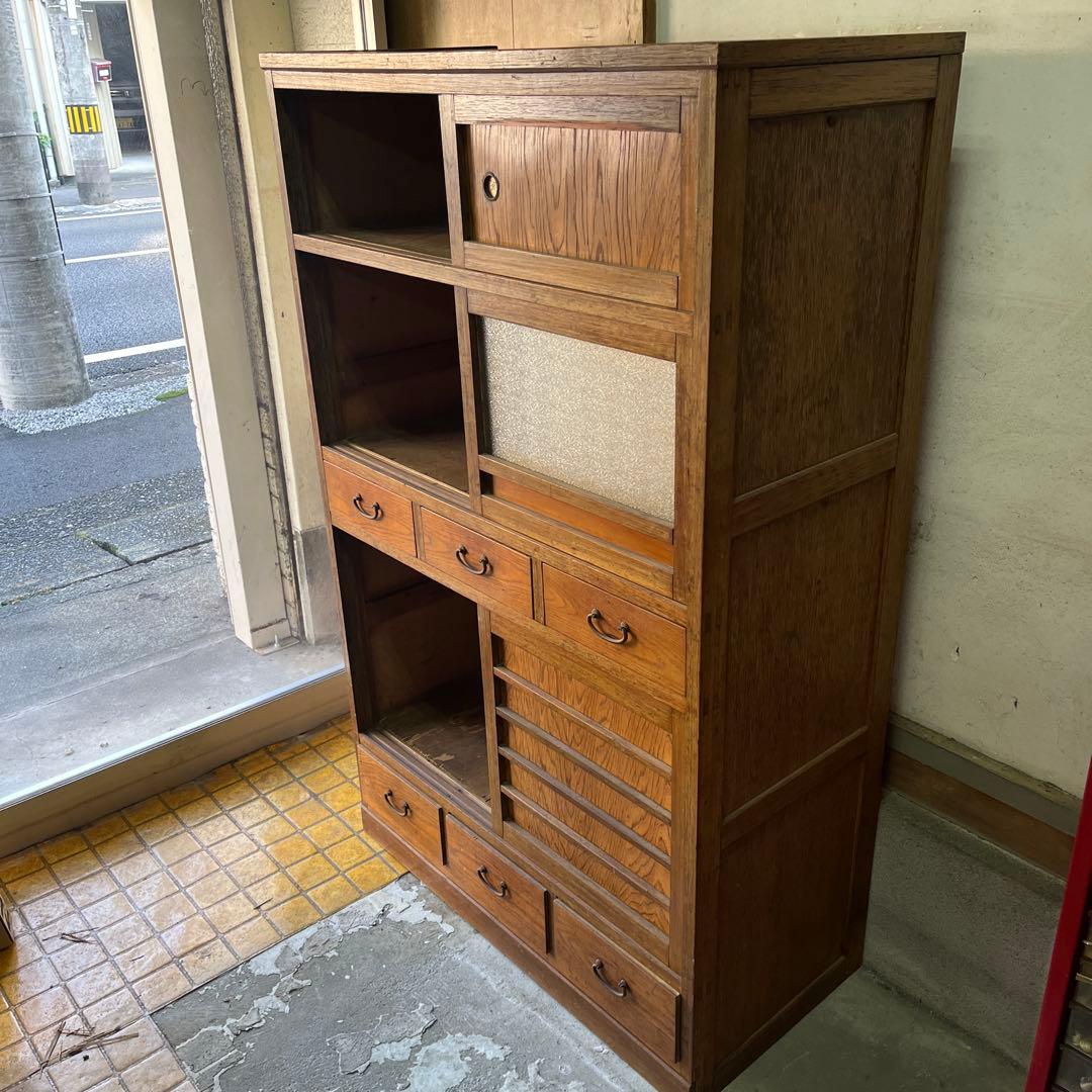 水屋箪笥 昭和初期 ガラス扉 キャビネット 引き出し三杯