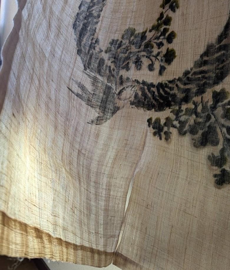 手描き麻暖簾【鳥と忍草】手染め のれん 巾81×144cm　一点物　アンティーク