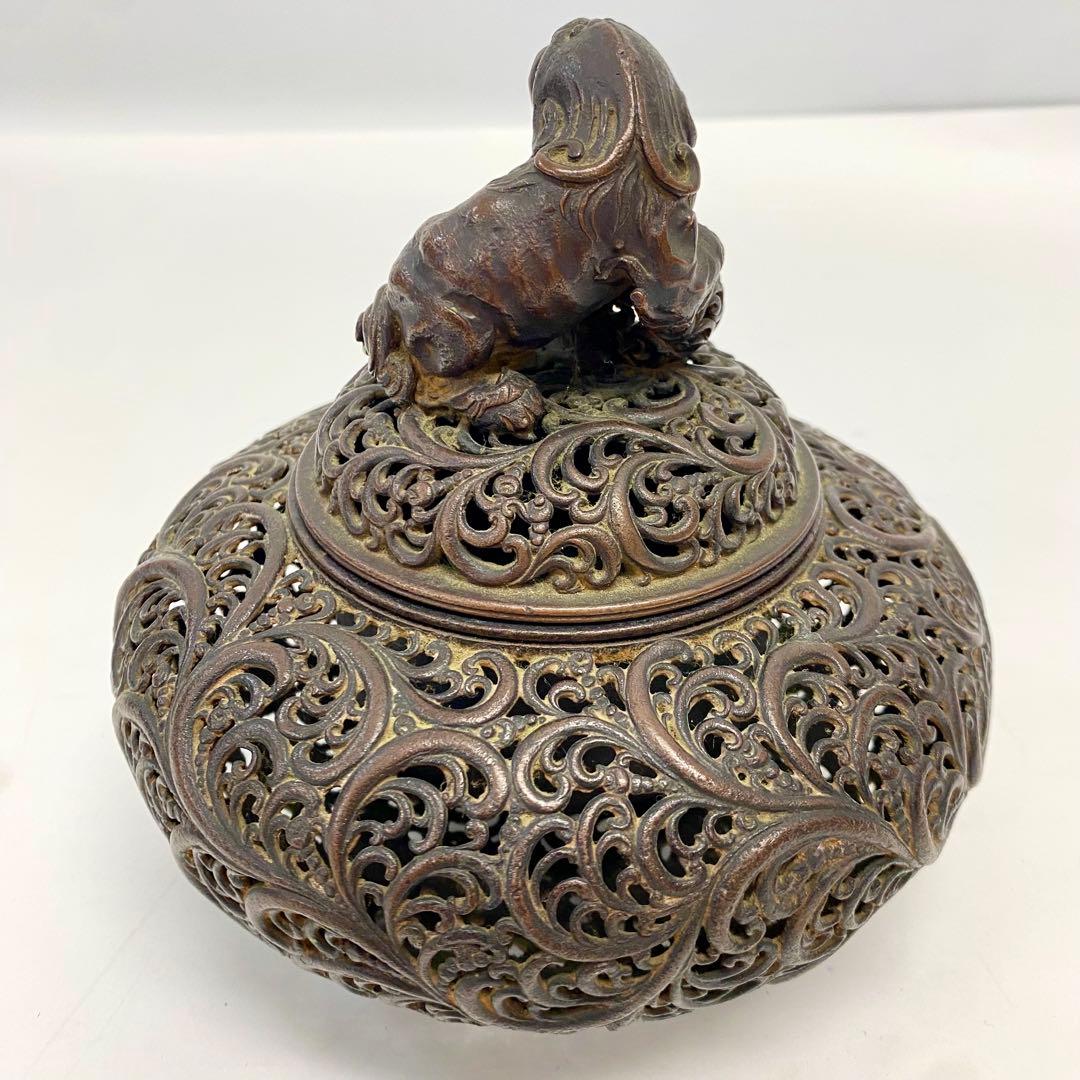 Y 中国 古銅 香炉 古玩 銘有 獅子 蓋付き 　琢磨