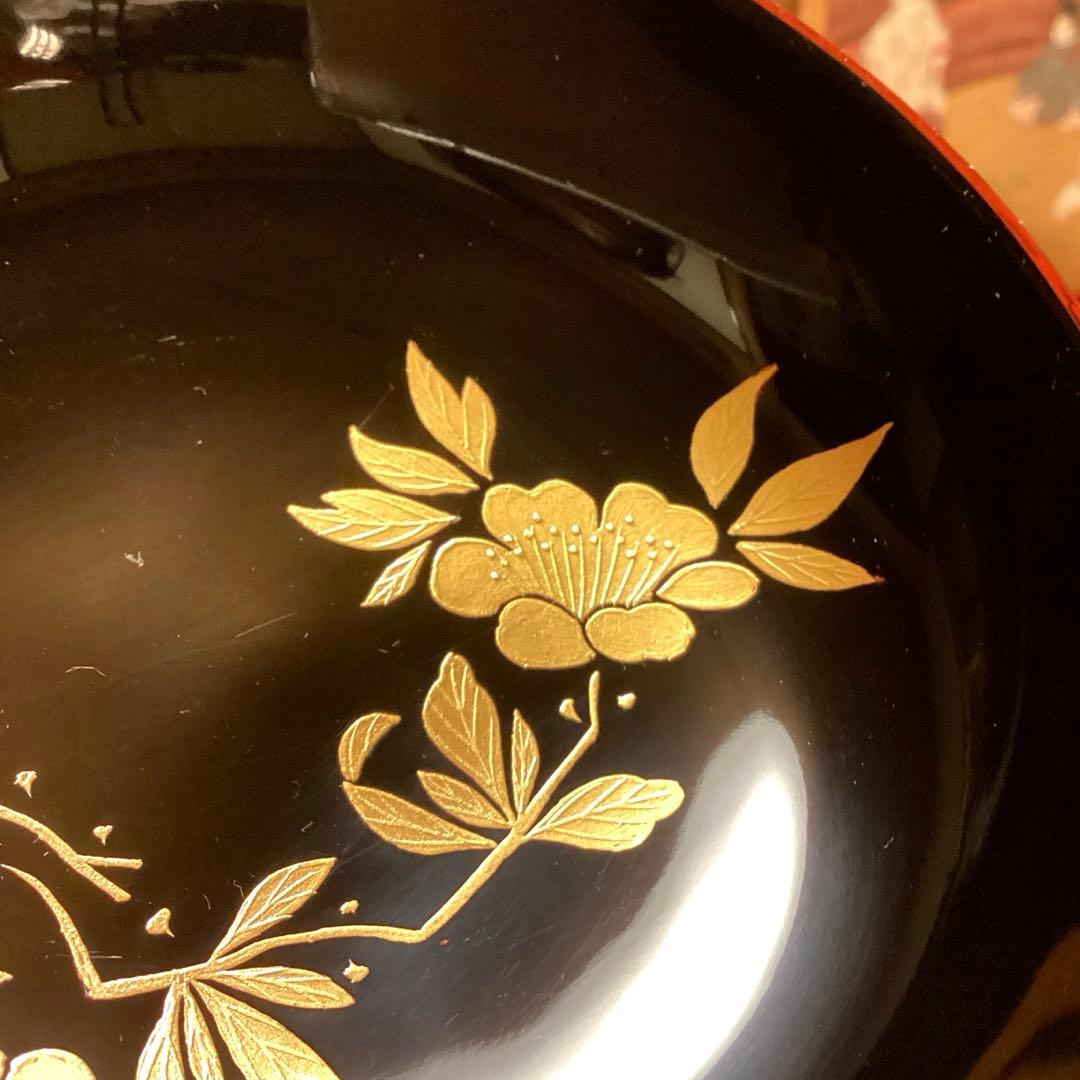 A893 木製輪島塗　白檀塗　山吹蒔絵　『千舟堂』　吸い物椀　煮物椀　5客