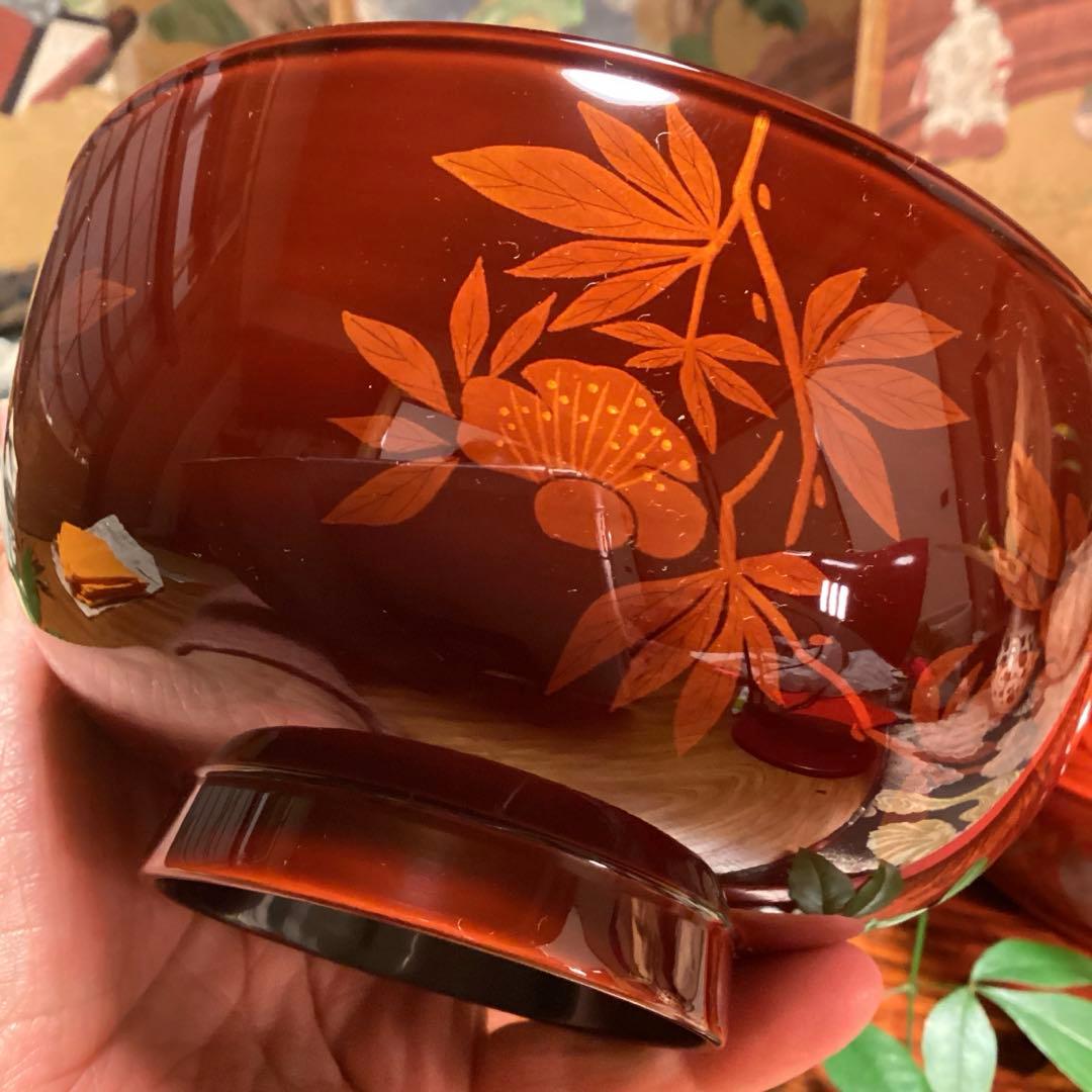 A893 木製輪島塗　白檀塗　山吹蒔絵　『千舟堂』　吸い物椀　煮物椀　5客