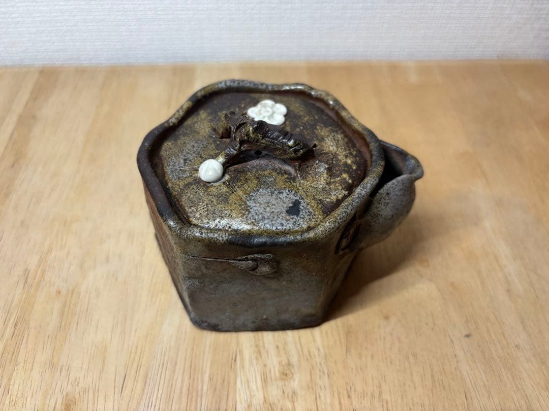 ㊲備前焼 宝瓶 登り窯 白梅 梅 うめ ウメ 手びねり 6角 急須