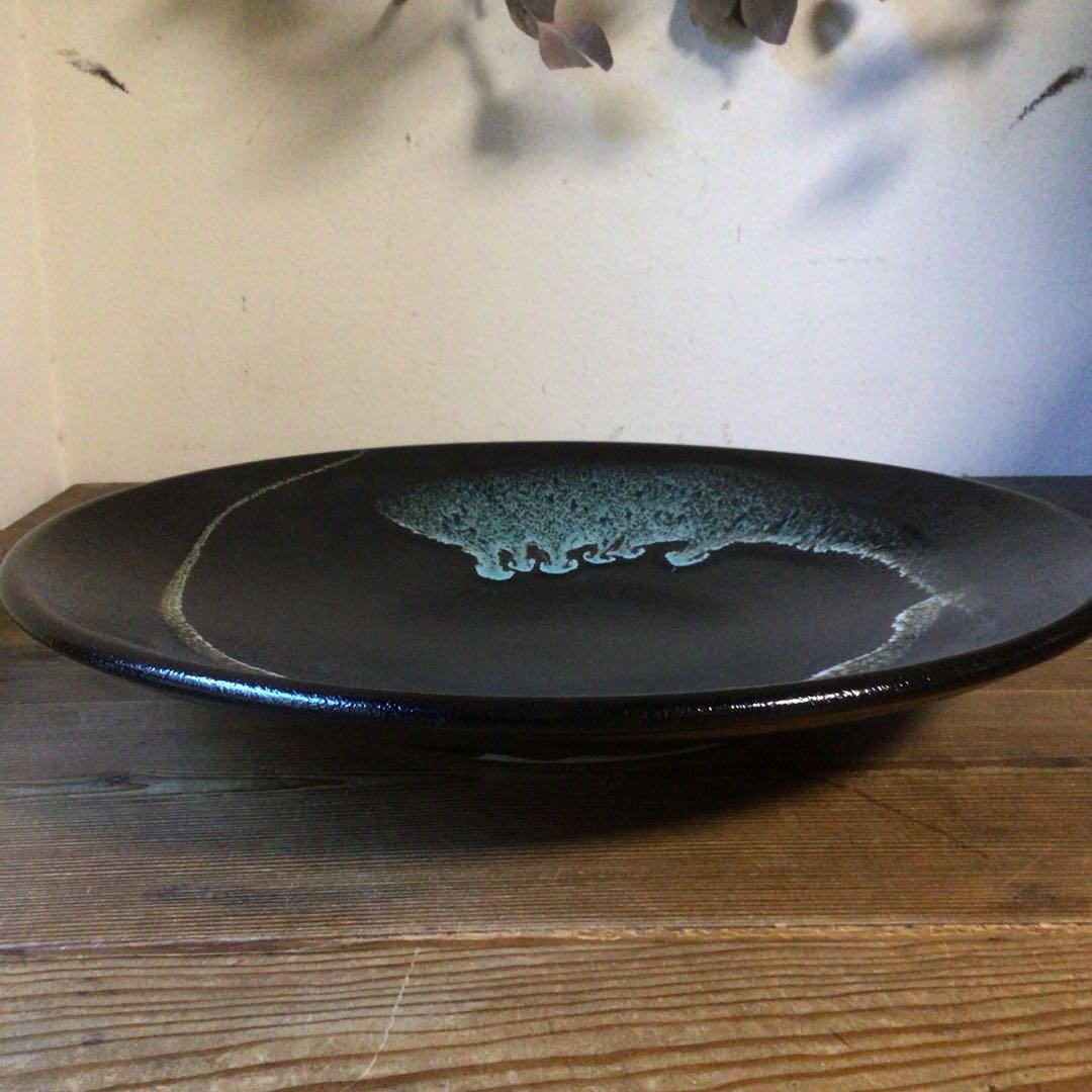 No4110 黒釉二彩大皿　陶印有　直径45.5cm 飾皿　陶磁器　送料無料