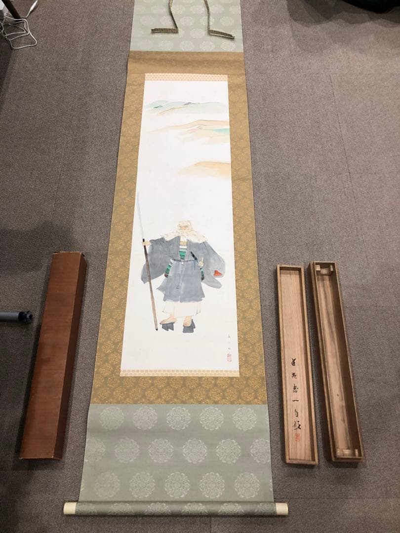 《山門之徒》掛畫。名畫家「福田  惠一」作品。美品。原畫，共箱。昭和時代。