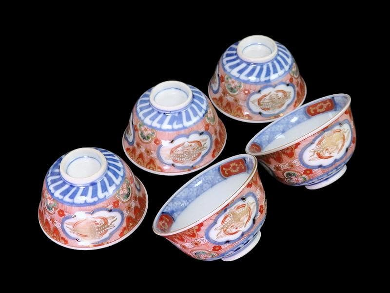 大聖寺伊万里　金襴手　窓絵　鳳凰紋　煎茶碗　向付　５客　A213AS-CWm