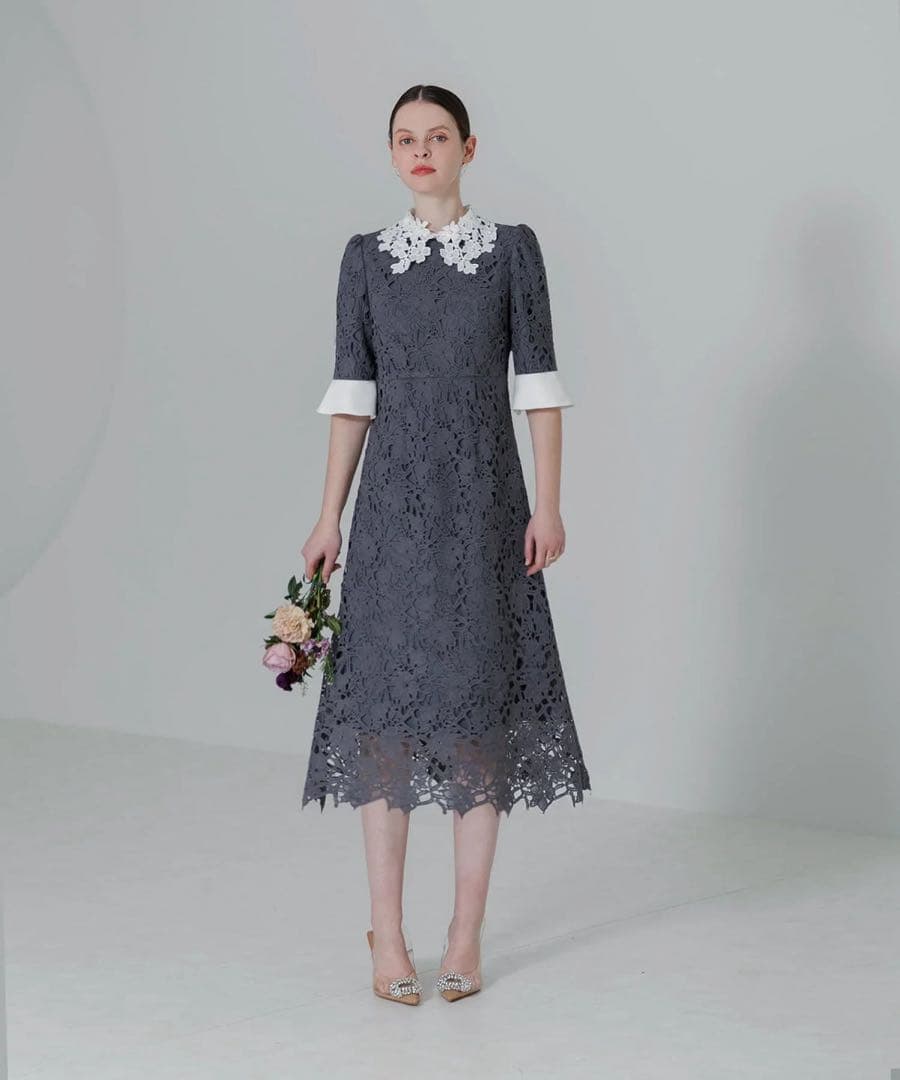 【LEJA】花柄レースカラースパンコール刺繍Aラインフレアドレスワンピース結婚式