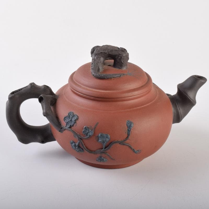 中国　紫砂　朱泥　貼松竹梅文　急須　茶壷　在銘　C　R7568