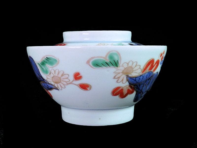 古伊万里　染錦　河骨紋の図　広東型　蓋茶碗　５客　C859AS-CEw