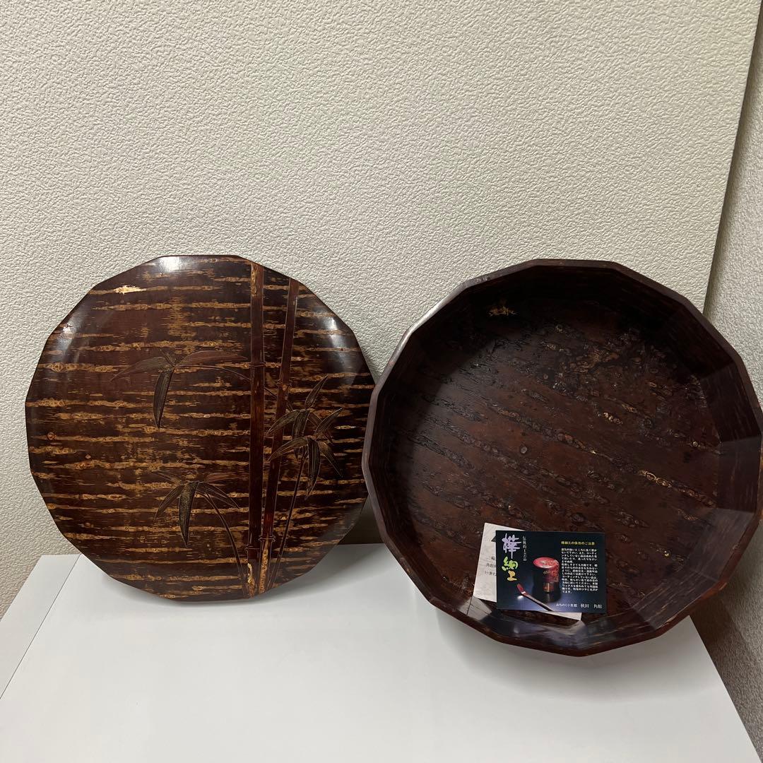 桜皮細工　茶器道具入れ　十六角形　竹模様