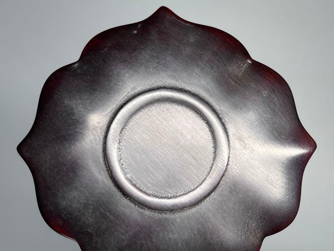 中国古美術　時代物　唐木　五客　茶托　茶道具　木製　巻草紋　浮彫　極細工