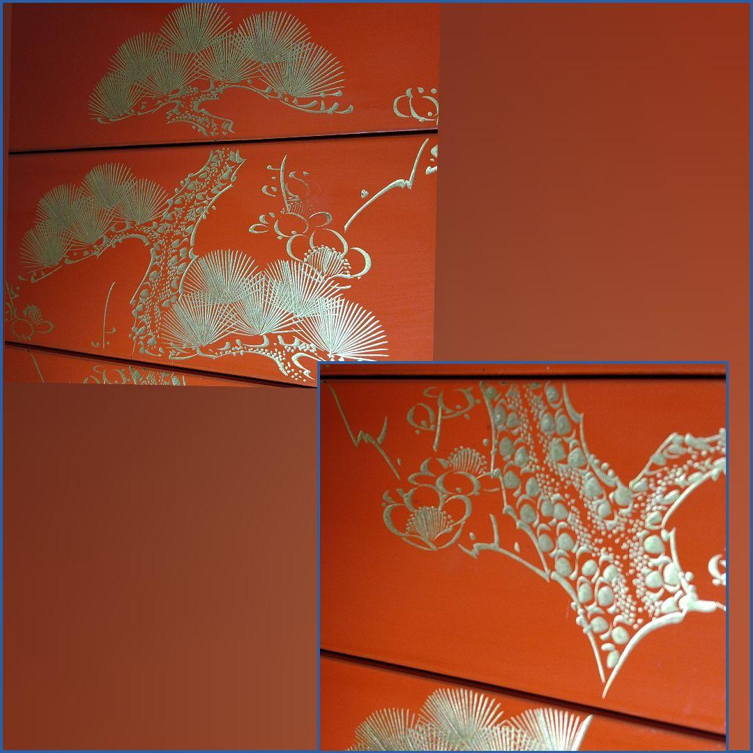 AA236 輪島塗 沈金 蒔絵 五段重ニ枚蓋朱塗り松竹梅木箱入