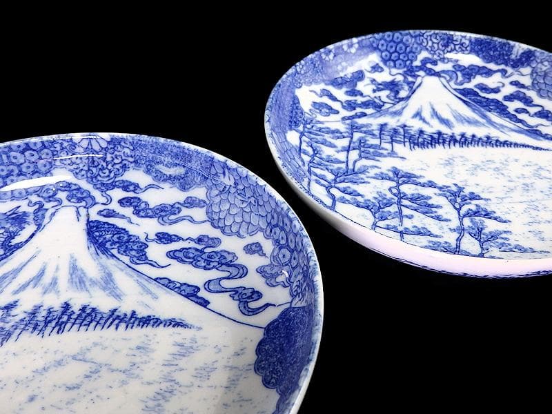 古伊万里　型刷り印判　染付　富士に龍の図　５寸皿　２枚　F175 AS-fbqv