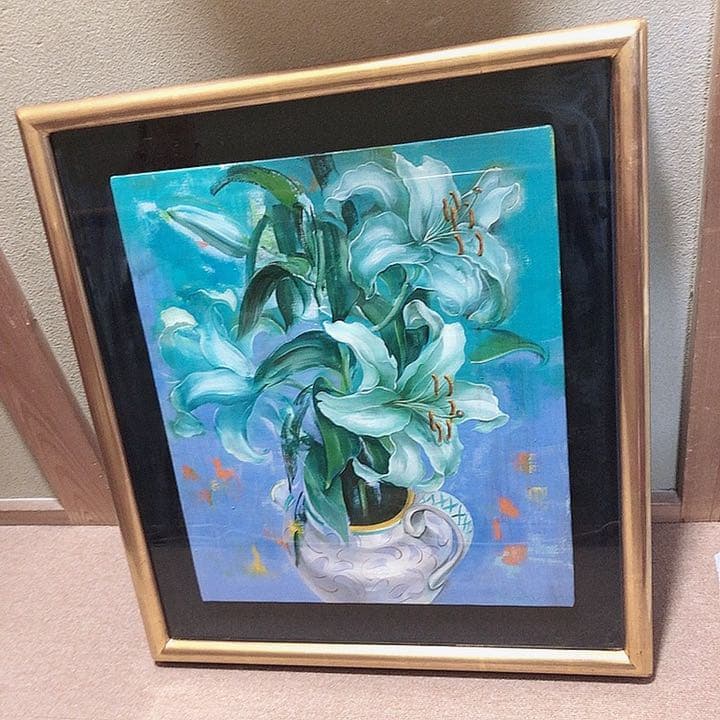 「白い花」 日本画　油彩　絵画　サイン　額縁　インテリア　19