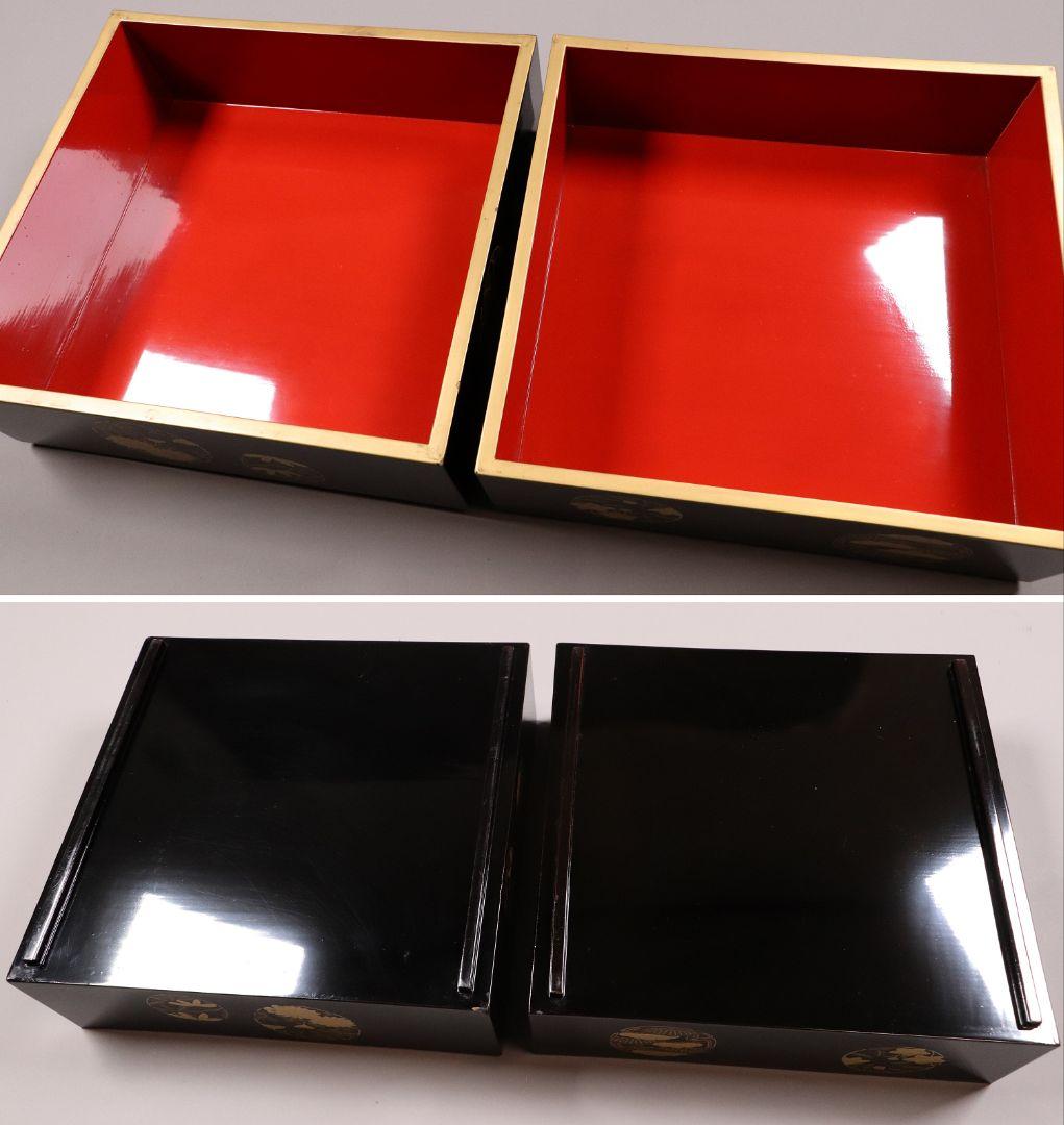 漆芸 木製漆器 丸に草花図 金蒔絵 二段重 重台 黒塗 朱塗 重箱【MA171】