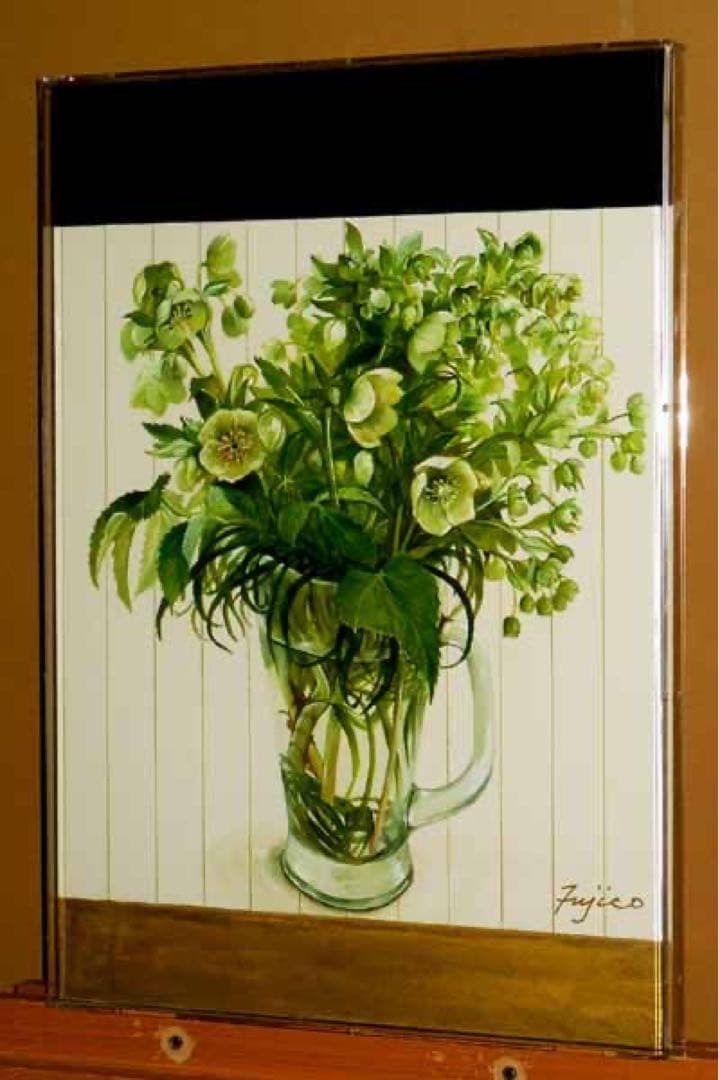 原画！橋本不二子「クリスマスローズ」水彩画 豪華アクリルBOX型額縁！直筆サイン