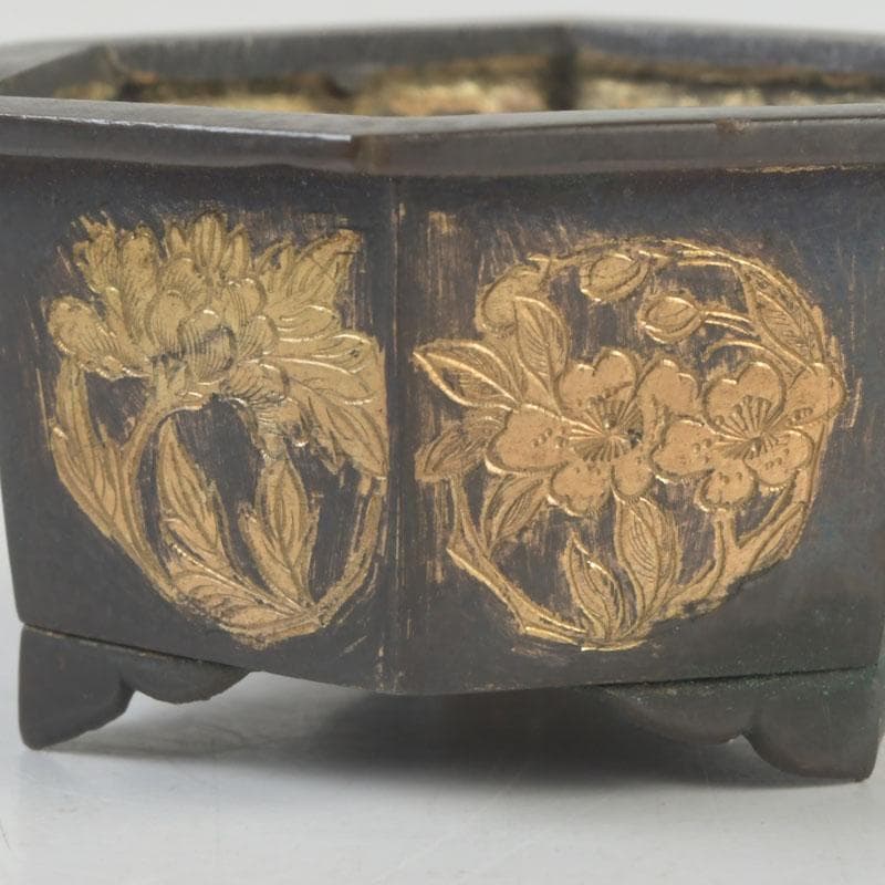 中国　古銅　金彩　花草文　小さな香炉　V　9641