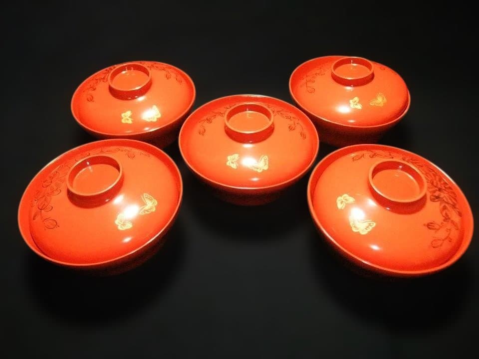 吸い物椀 金蒔絵 蝶 チョウ 花文 明治期 五客骨董 時代物 逸品 美品