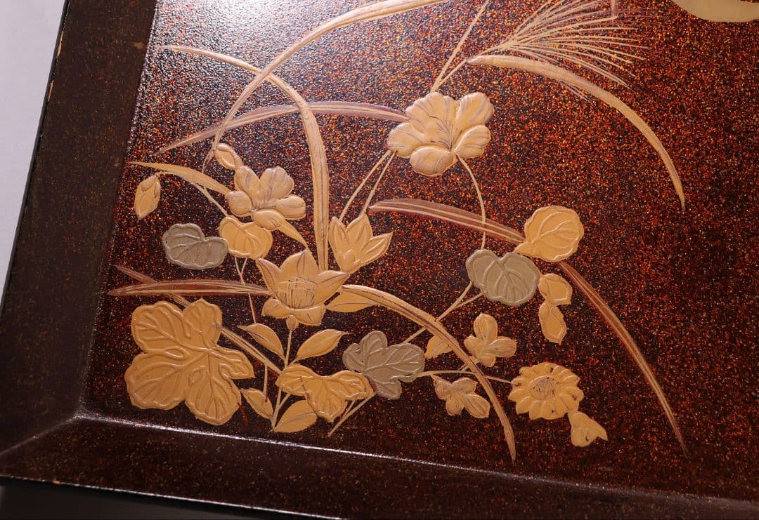 【MB45】時代 梨地吸物膳 十客 月と草花蒔絵 秋草 四方膳 卓上 折敷 木製