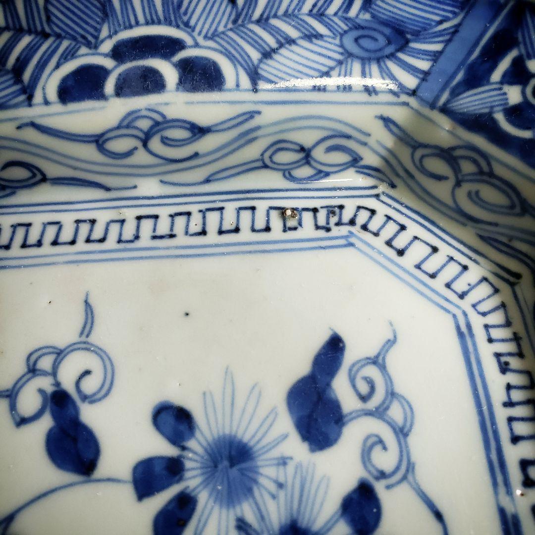 八角皿 隅切角皿 古伊万里 線描き 唐草文様 伊万里染付線描隅切角皿 訳あり