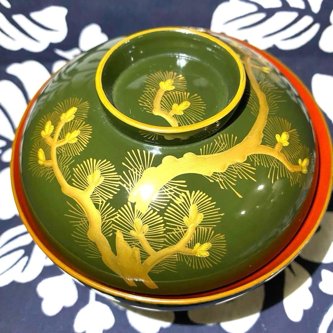 時代物骨董　大正以前　青漆吸物椀　天然木本漆　松柄金蒔絵　緑に内朱　懐石椀　五客