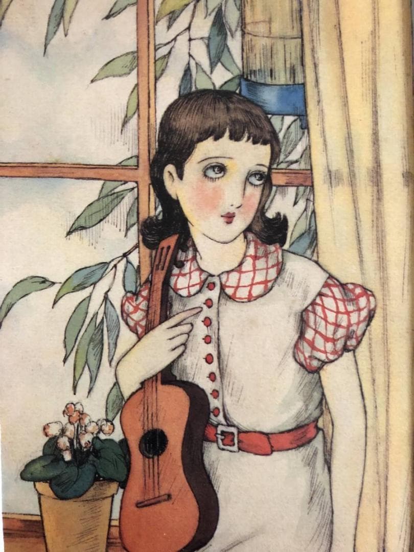 昭和レトロ、中原淳一、【窓邊】、年代物・希少画集画 、新品高級額 額装付