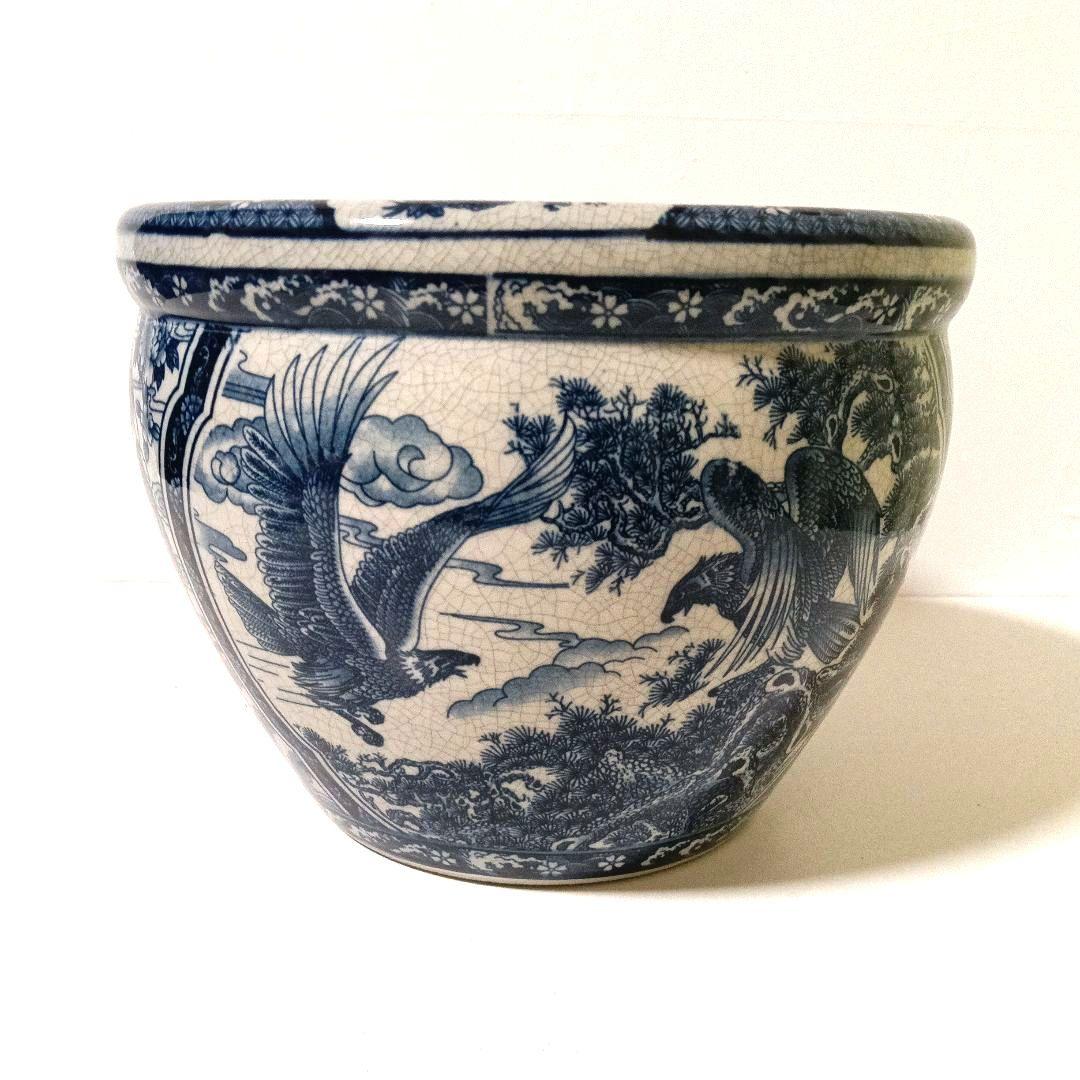 山水楼閣 鷹金魚図 火鉢 睡蓮鉢 金魚鉢 メダカ鉢