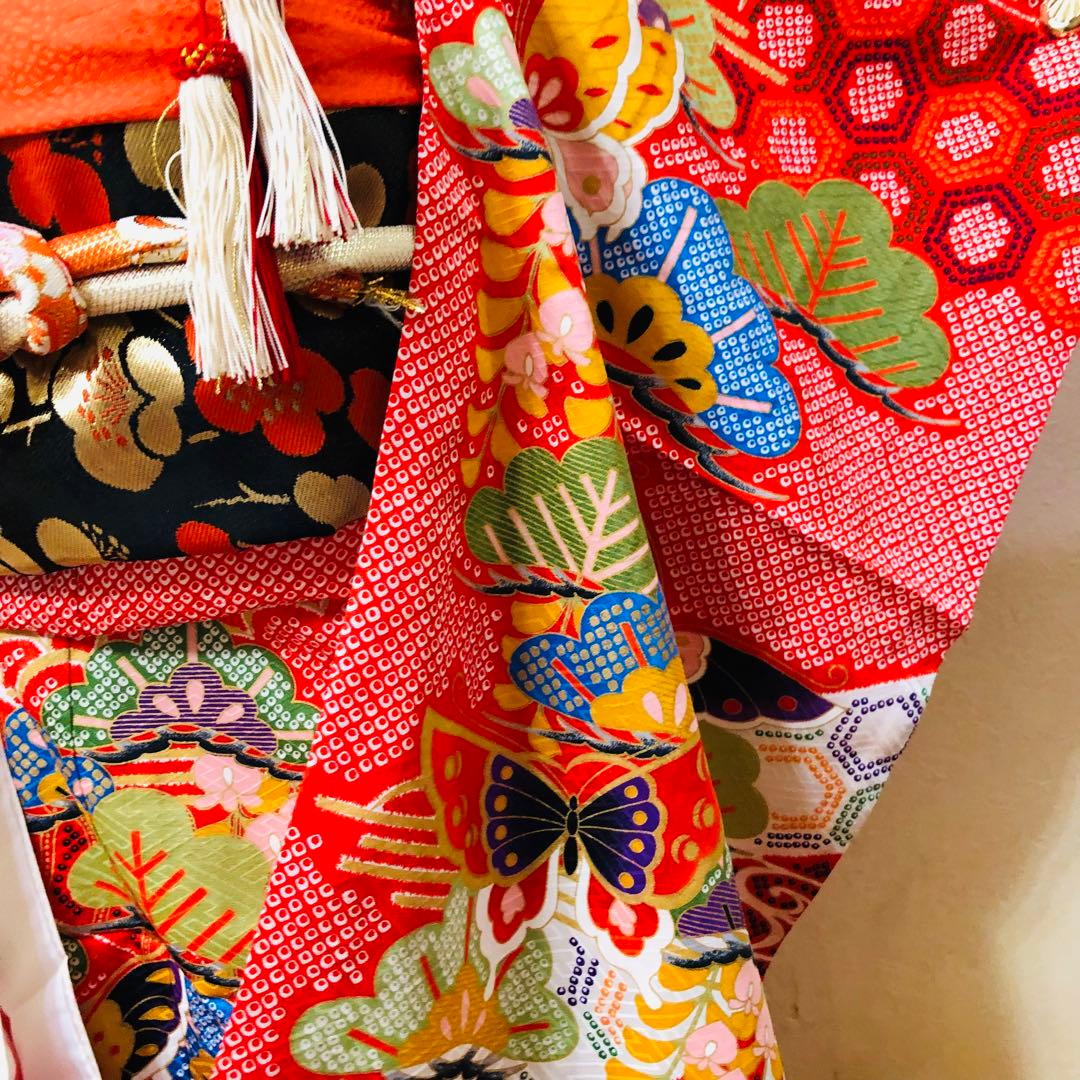 七五三七歳❣️豪華絞り柄アシメトリ花金彩⭐︎正絹全通袋帯刺繍煌びやか⭐︎完全フルセット