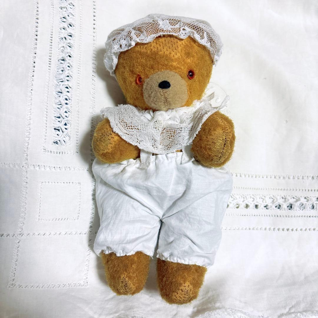 DDRベア 古い子　アンティークベア　アンティークテディベア　ボネ襟パンツ付き