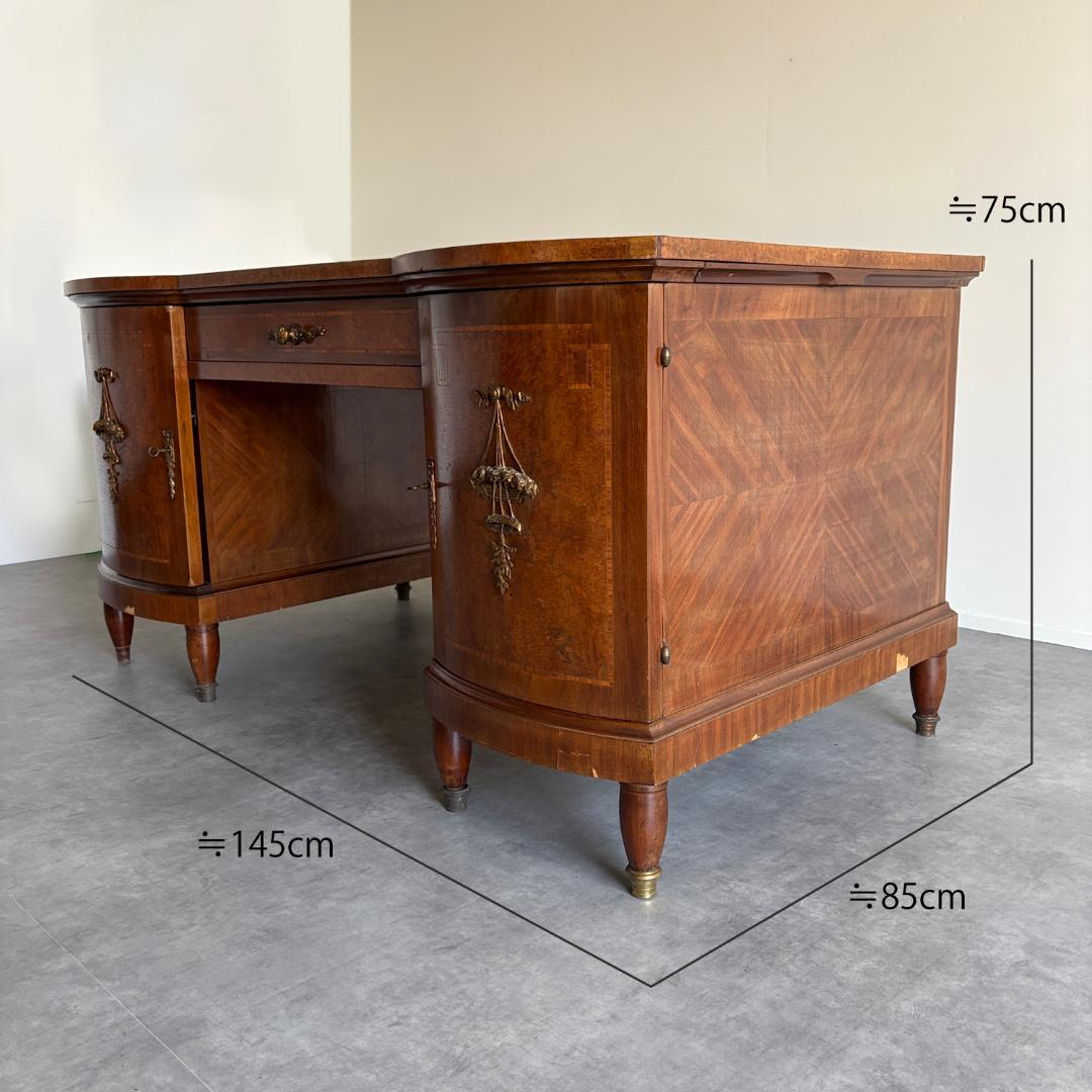 ロココ様式 ラグジュアリーデスク　レザートップ＆真鍮装飾付き鍵付き収納