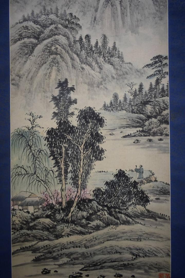 真作/墨林/春景山水人物図/布袋屋掛軸HI-84