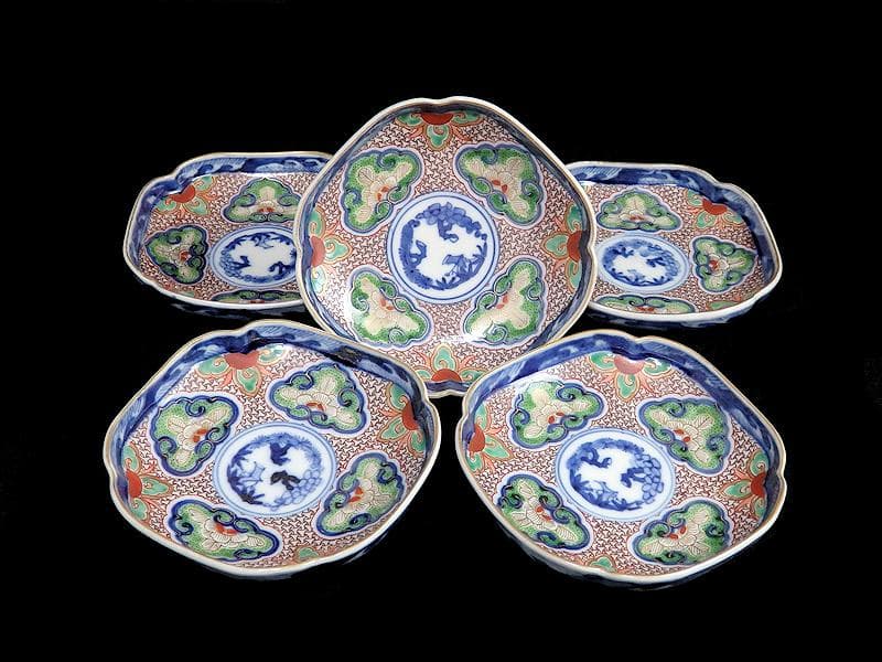 大聖寺伊万里 　毘沙門亀甲紋に松竹梅の図 縁高角皿　5枚　C775AS-BUj