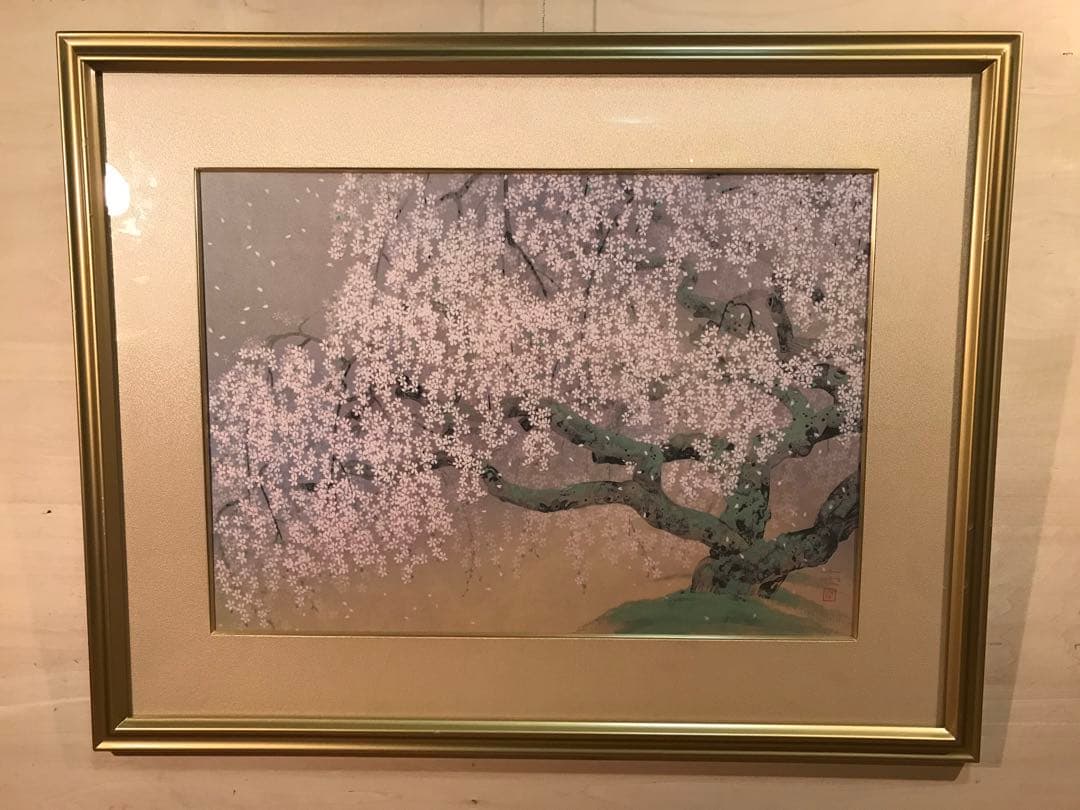 中島千波　「夢殿の枝垂櫻」　岩絵具方式複製画　刷り込みサイン・作品証明シール有り