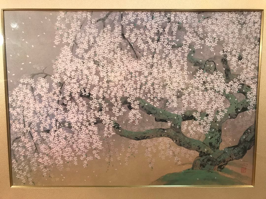 中島千波　「夢殿の枝垂櫻」　岩絵具方式複製画　刷り込みサイン・作品証明シール有り