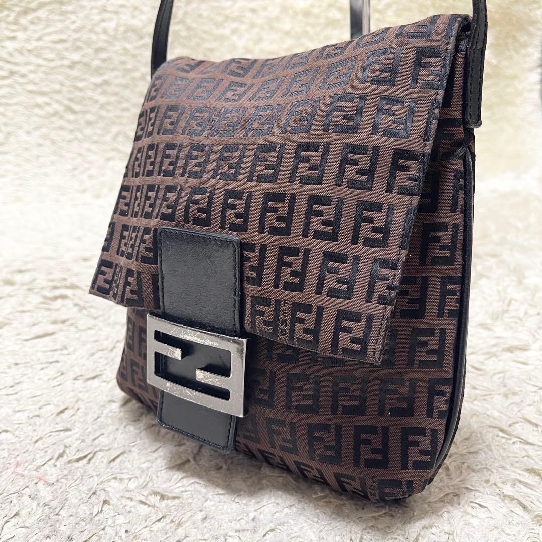 【良品】フェンディ　ショルダーバッグ　ポシェット　レザー　キャンバス　ズッキーノ