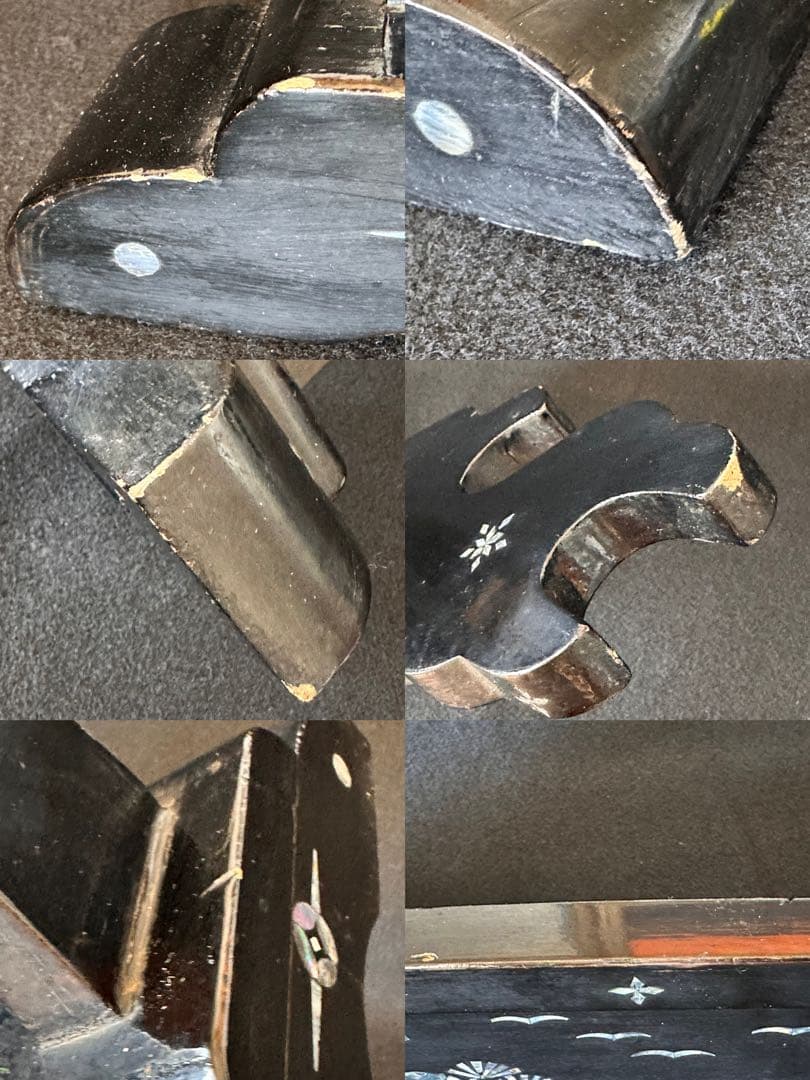 時代物 黒漆塗 螺鈿細工山水人物図 刀掛け 3本掛 高さ約42cm 螺鈿細工