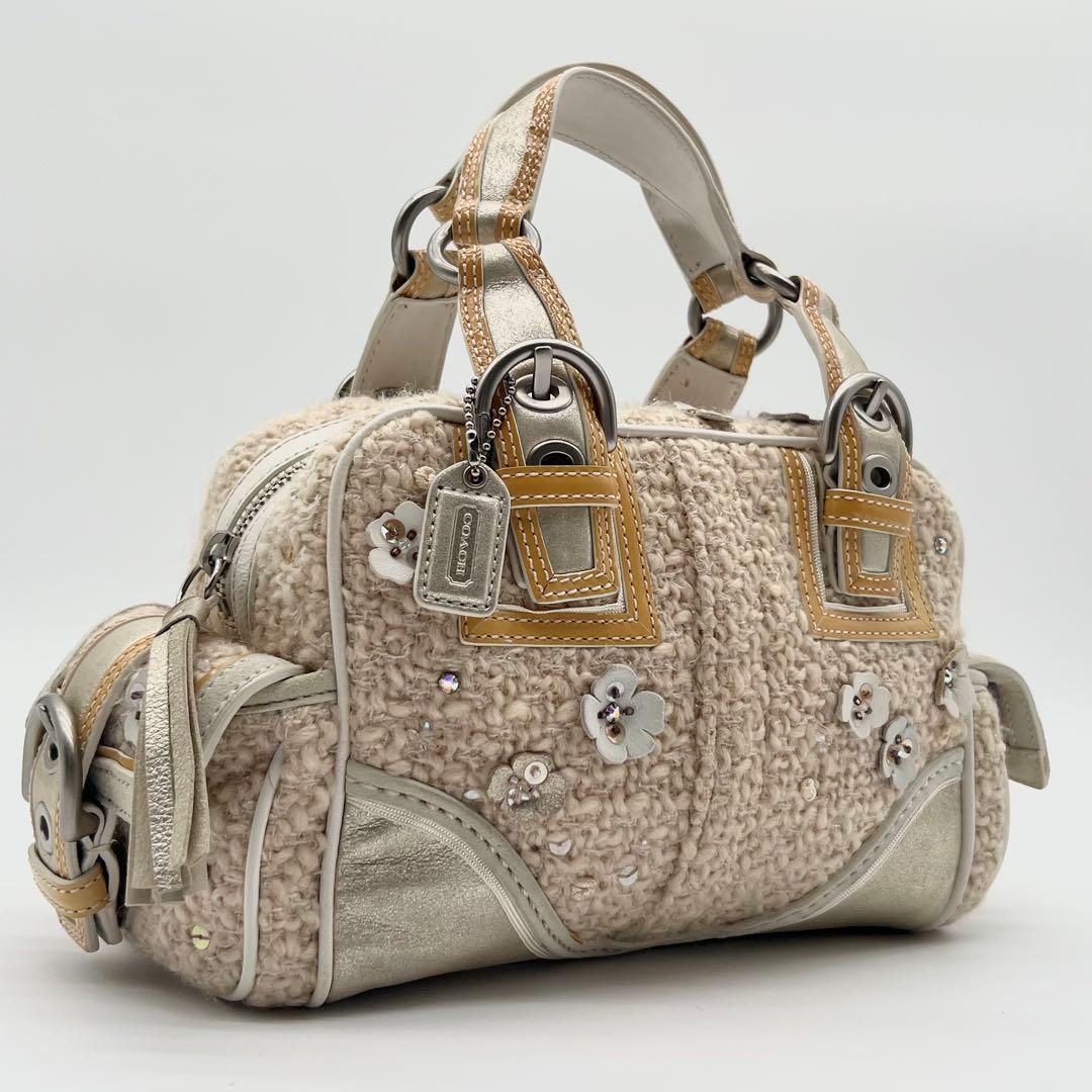 希少 COACH ツイード ハンドバッグ ミニ ボストン 花モチーフ フリンジ