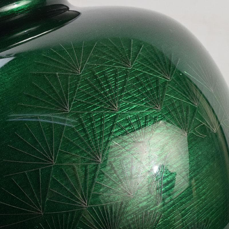 七宝焼　相互七宝謹製　緑透釉　松文　花瓶　唐木台付　共箱　M　R9393H