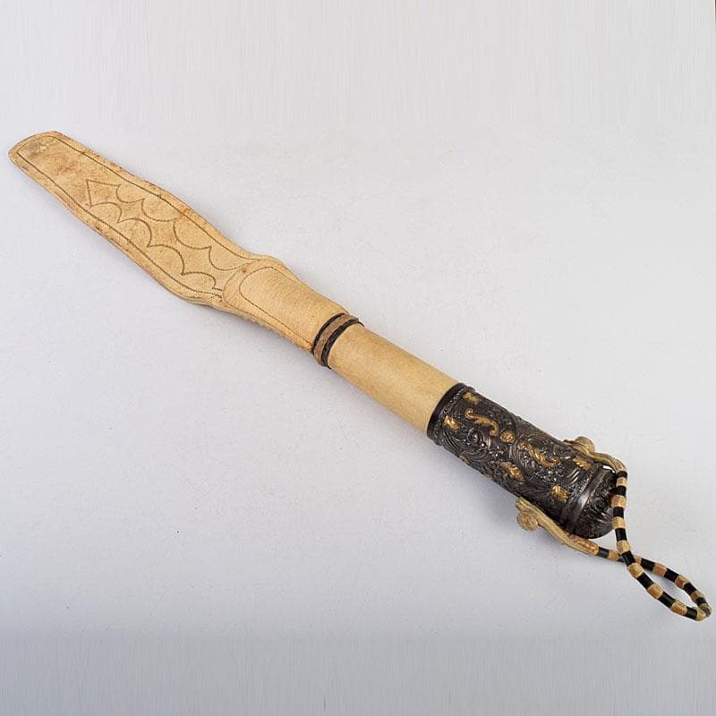 馬具　装飾品　中国　チベット　本皮製　古銅持ち手　鞭　C　9317