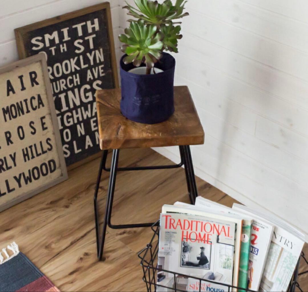 スツール／チーク材一枚板×スチール製脚／インダストリアル／ヴィンテージ風