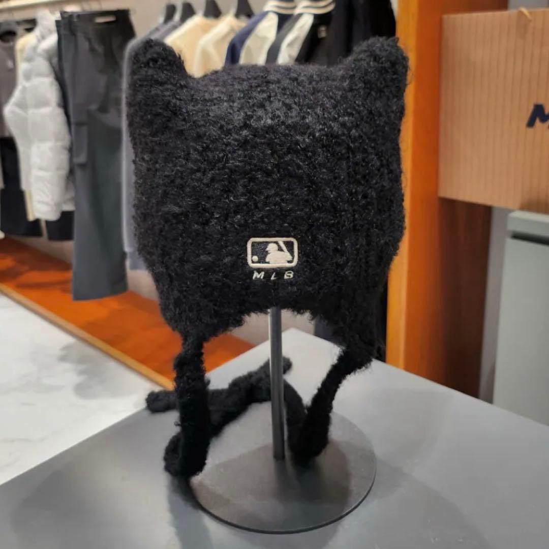 韓国限定 MLB カリナ 着用 猫耳 ミャオン ビーニー 紐付 ブラック 黒