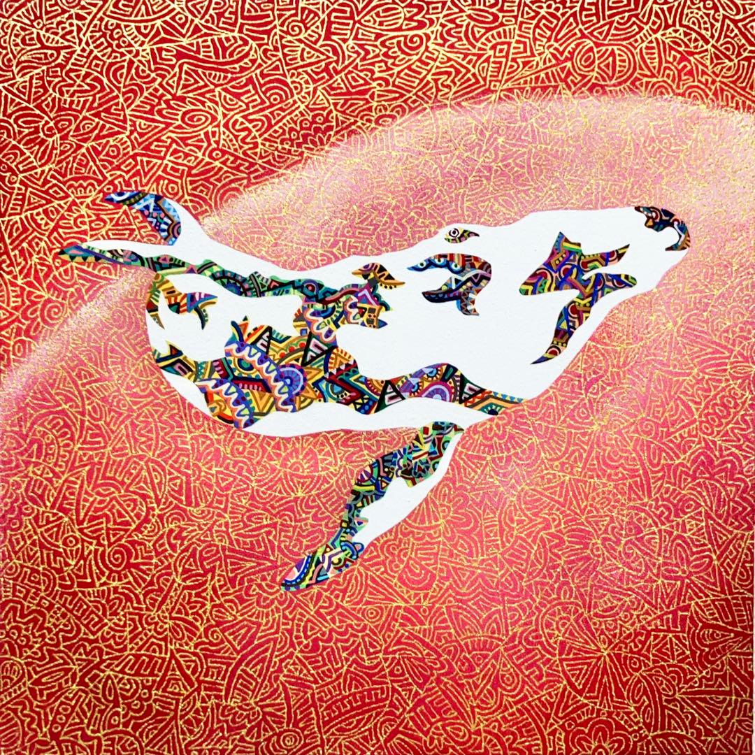 値下げ　原画　鯨　動物画　絵画　アクリル画　現代アート　細密画　手描き　一点物