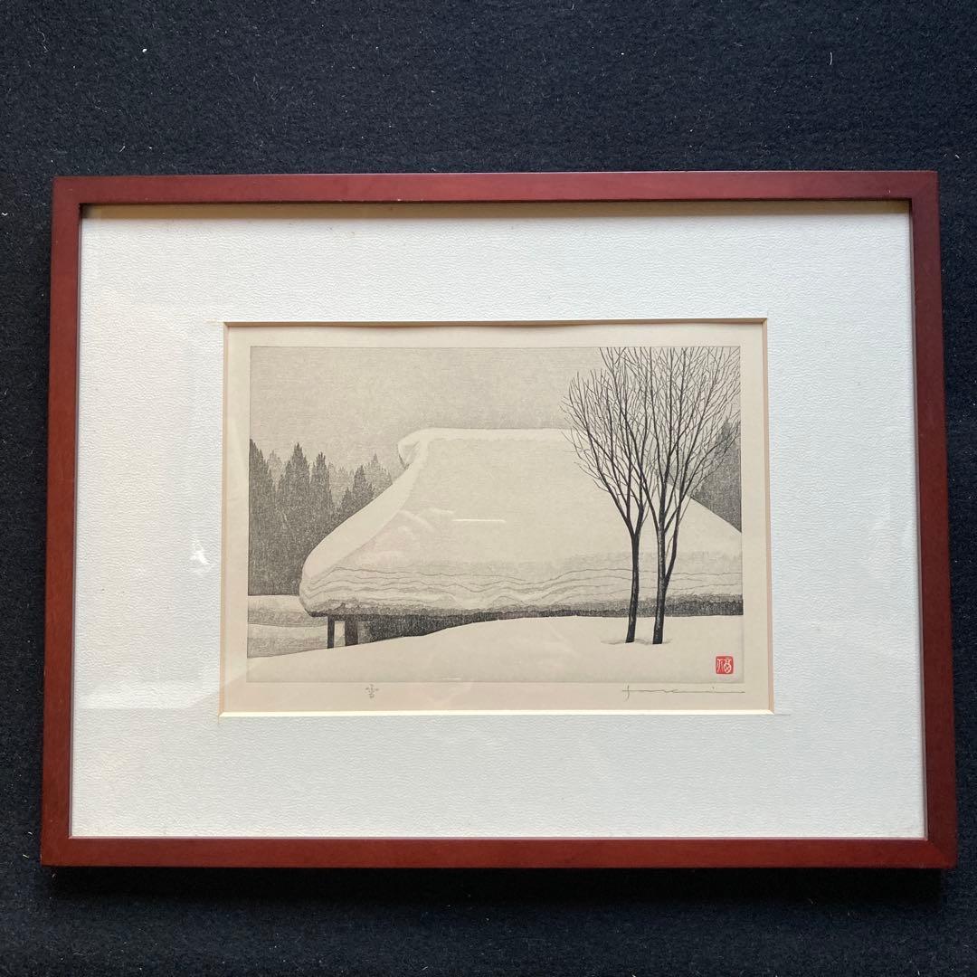 /LUNA/￼福井正郎　雪　木版画 作家サイン額30×39絵17×24cm