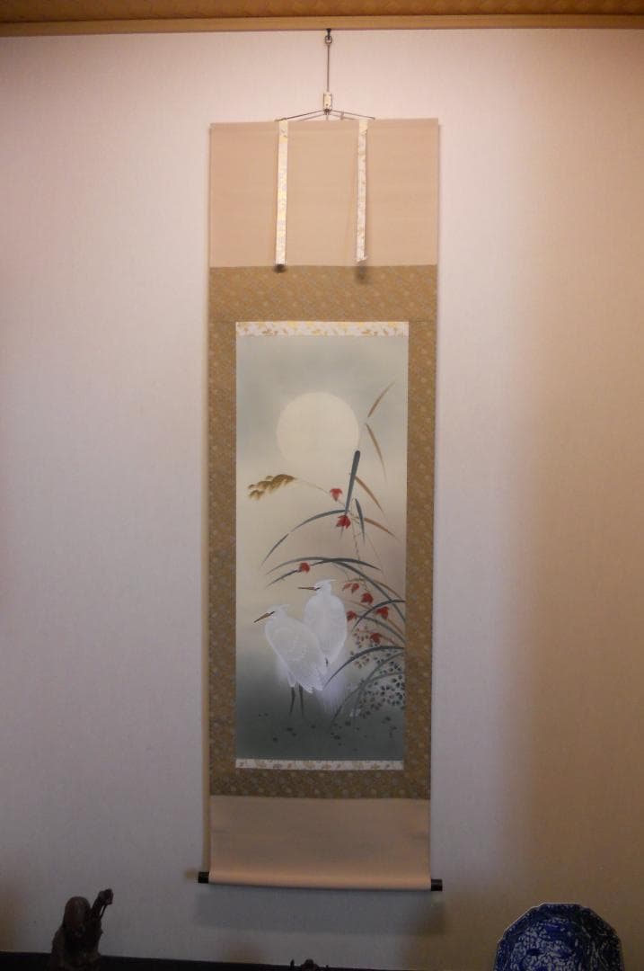 専用商品 掛け軸 桜井浩堂 月下白鷺之図 絹本 希少 軸装 茶道具 掛軸 美品