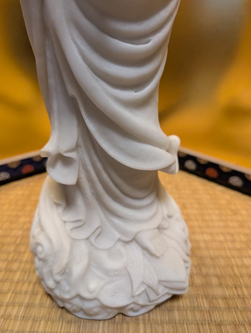 古美術　彫刻　石彫　大理石風　観音様　立像　木台付