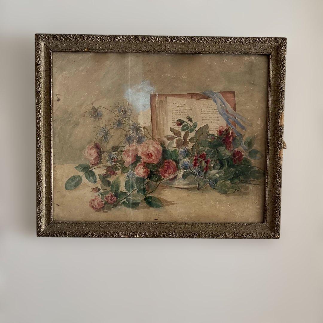 フランスアンティーク 水彩画 薔薇