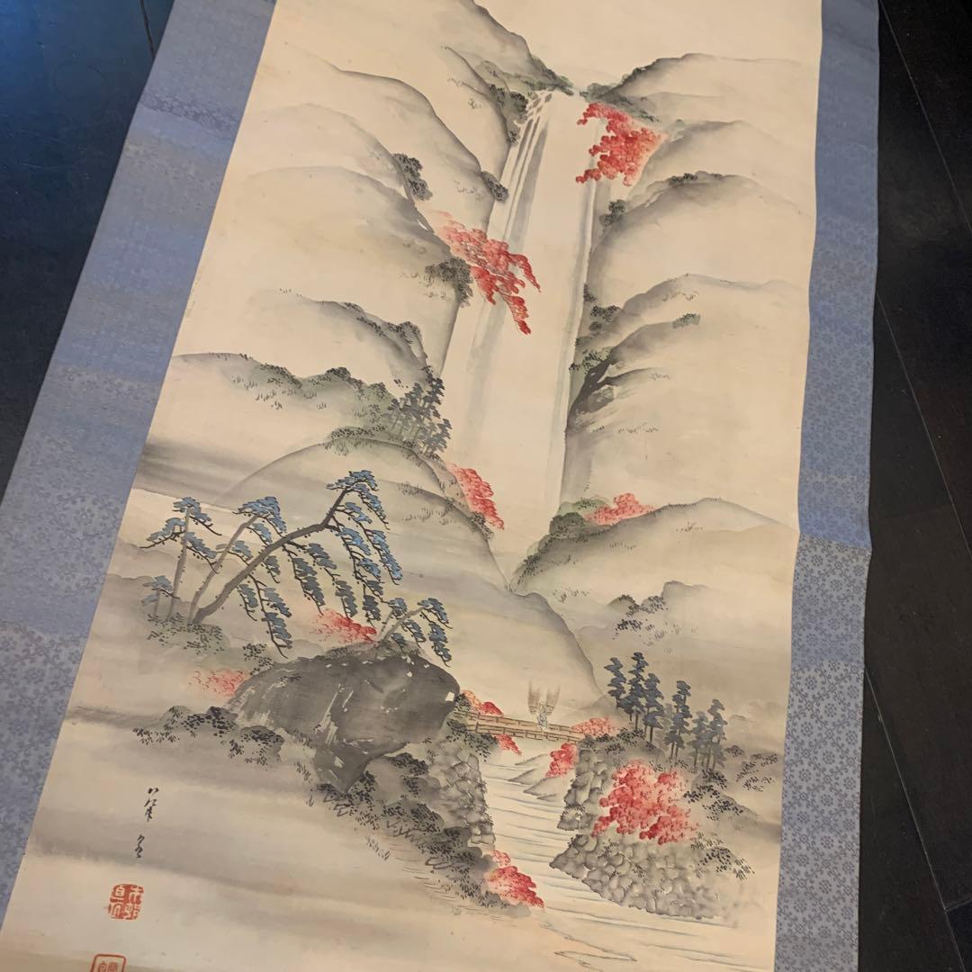 明治時代　日本画　木村関泉（きむら かんせん）　山水　掛軸　紅葉　秋